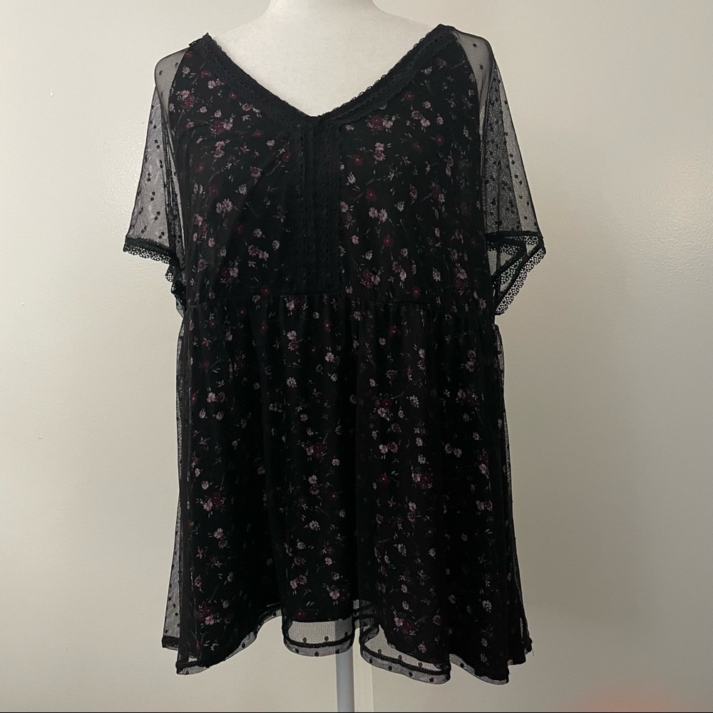 Black Ditsy Floral & Swiss Dot Babydoll Top